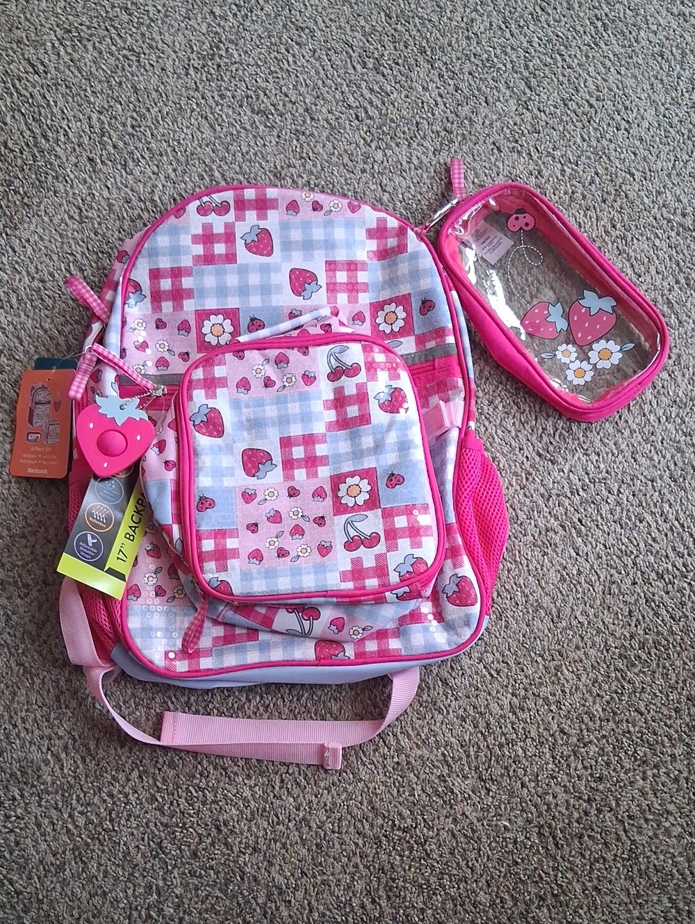 Kids Pink Strawberry Print Backpack with Matching Pencil Case